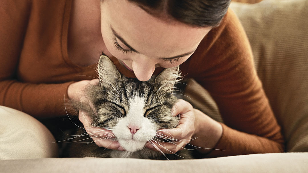 kvinna som lutar sig över katten för en kyss