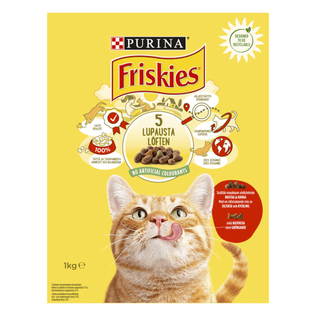 Friskies® Adult med en välsmakande mix av Ox och Kyckling med Grönsaker