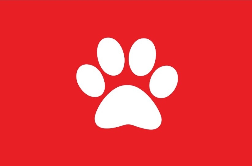 Purina Cares for pets logotyp med en vit tass på en röd bakgrund