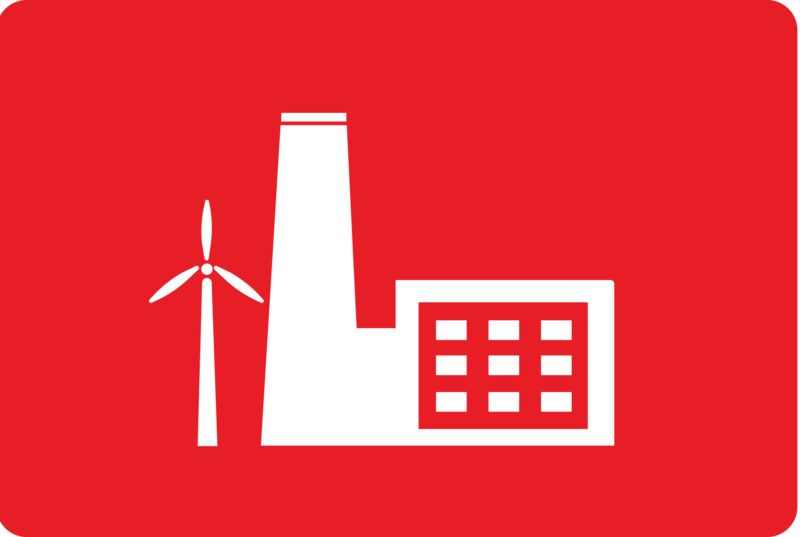 logotyp med vit fabrik på röd bakgrund