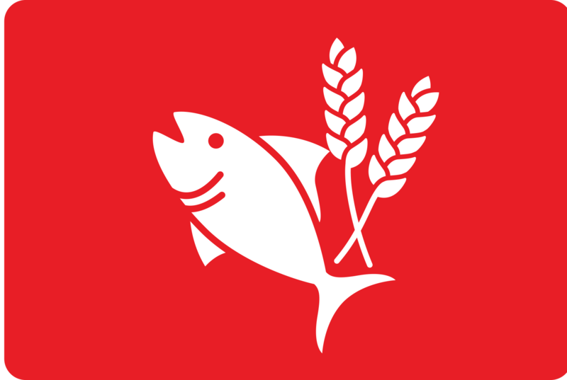 Purina hållbarhetslogotyp med vita korn och fisk på röd bakgrund