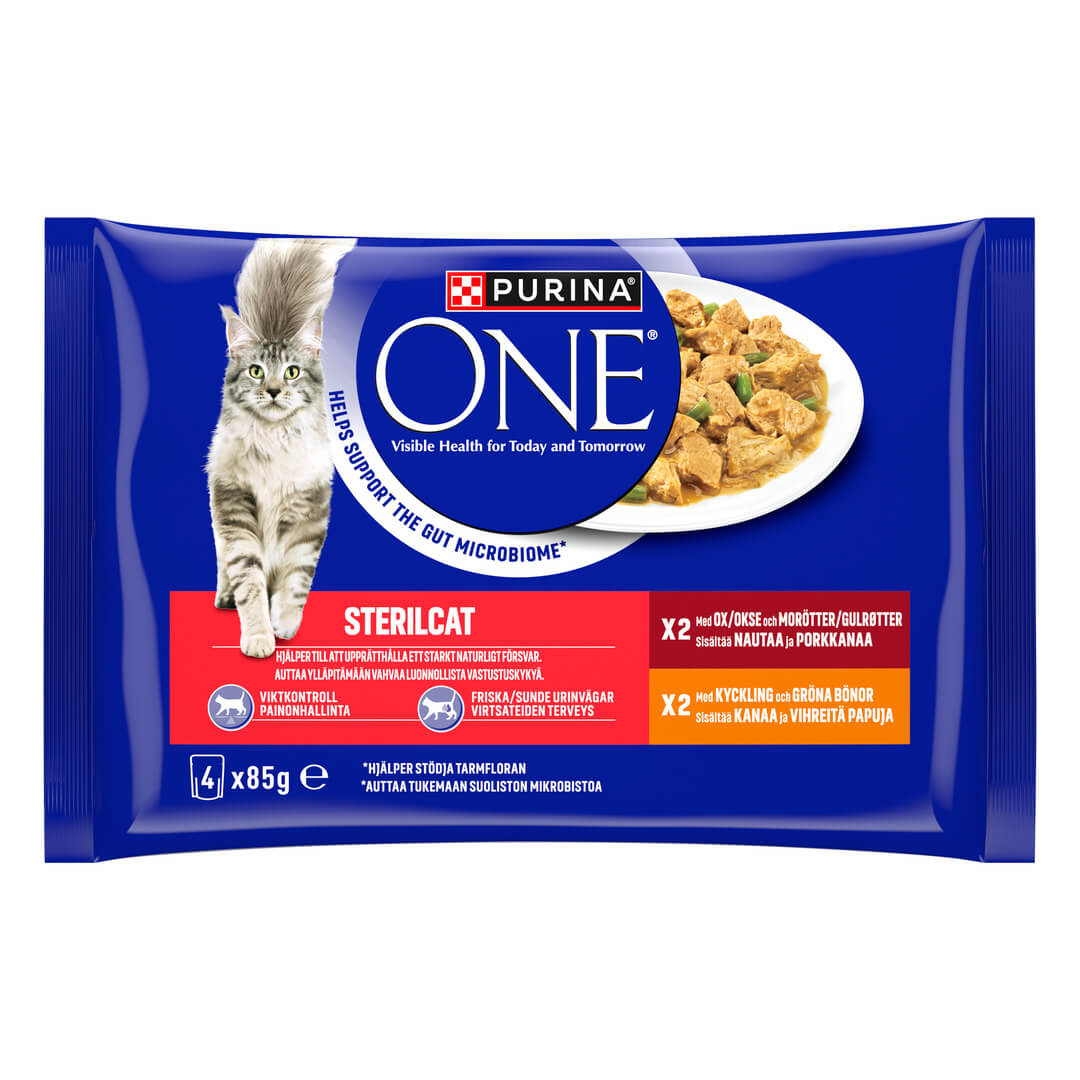 PURINA® ONE® STERILCAT med Ox och Morötter, och  Mini Filets i sås med Kyckling och Gröna Bönor