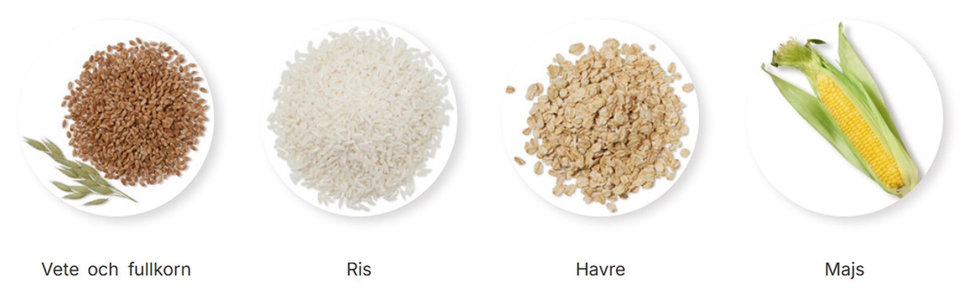 Vete och fullkorn, Ris, Havre,  Majs