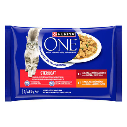 PURINA® ONE® STERILCAT med Ox och Morötter, och  Mini Filets i sås med Kyckling och Gröna Bönor
