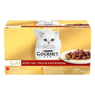 GOURMET® Gold Bitar i sås med Ox, Kalkon & Anka, Lax & Kyckling och Kyckling & Lever