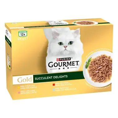 PURINA GOURMET™ GOLD Succulent Delights med kyckling, lax, ox, havsfisk, 12x85g burkar