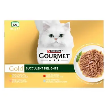 PURINA GOURMET™ GOLD Succulent Delights med kyckling, lax, ox, havsfisk, 12x85g burkar