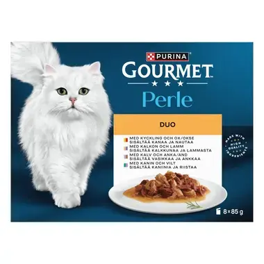GOURMET® Perle Minifiléer i sås med Kyckling & Ox, Kalkon & Lamm, Kanin & Vilt och Anka & Kalv