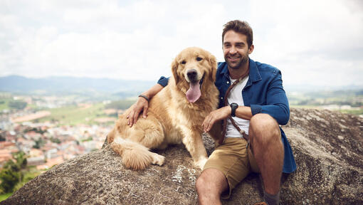 Man med golden retriever på klippan