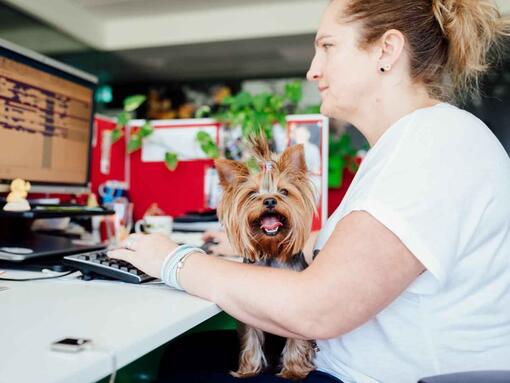 kvinna med hund på kontoret
