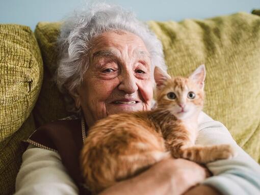 äldre kvinna med en katt