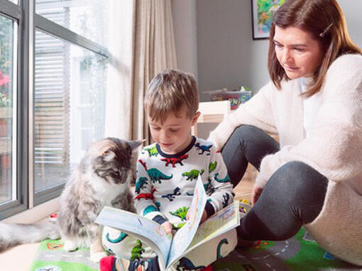 mor och son leker med en katt