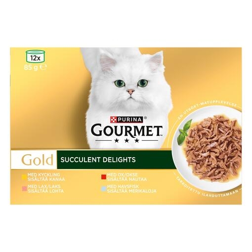 PURINA GOURMET™ GOLD Succulent Delights med kyckling, lax, ox, havsfisk, 12x85g burkar