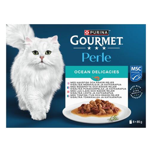 GOURMET® Perle Ocean Delicacies i sås med Lax, Tonfisk, Havsfisk & Rödspätta samtliga med Räkor